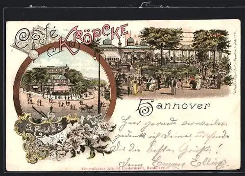 Lithographie Hannover, Café Kröpcke, Gartenlokal und Gesamtansicht
