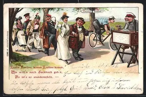 Lithographie Seckbach, Leierkastenmann an der Strasse zwischen Frankfurt und Seckbach