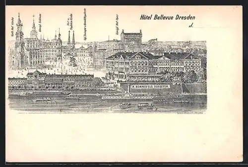 Lithographie Dresden, Hotel Bellevue und Kath. Hof-Kirche