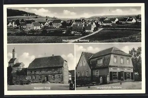 AK Neuhausen bei Bamberg, Brauerei Krug, Warenhandlung Stäblein, Totalansicht