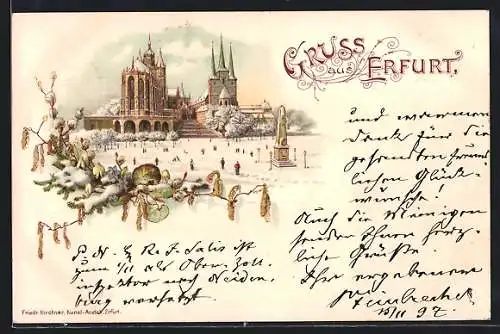 Winter-Lithographie Erfurt, Dom und Severikirche