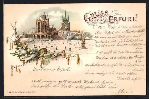 Winter-Lithographie Erfurt, Dom zu Erfurt um 1900