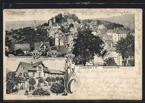 AK Lindenfels i. O., Hotel Darmstädter Hof, Teilansicht der Stadt