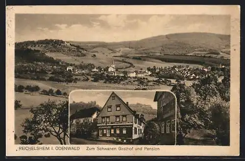 AK Reichelsheim i. Odenwald, Gasthof zum Schwanen, Ortsansicht mit Umgebung