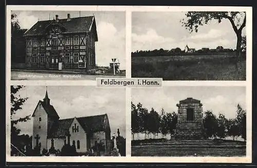 AK Feldbergen i. Hann., Geschäftshaus v. Robert Warnebold, Kirche, Denkmal