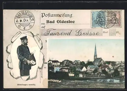 AK Bad Oldesloe, Teilansicht mit Kirche, Briefträger, Briefmarke