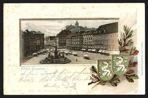 AK Graz, Blick über den Hauptplatz, im lithographischen Präge-Passepartout mit Wappen und Eichenblättern