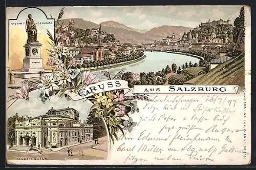 Lithographie Salzburg, Mozart-Denkmal, Stadttheater, Panorama