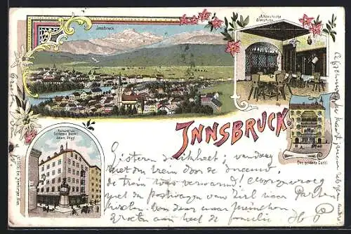 Lithographie Innsbruck, Restauration Goldenes Dachl, Altdeutsche Bierstube, Panorama