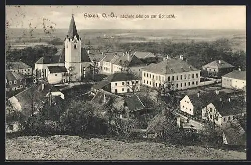 AK Saxen / O.-Ö., Ortsansicht mit Kirche vom Berg aus