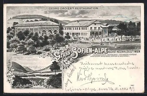 Lithographie Neuwaldegg, Georg Groier`s Restaurant an der Sofienalpe