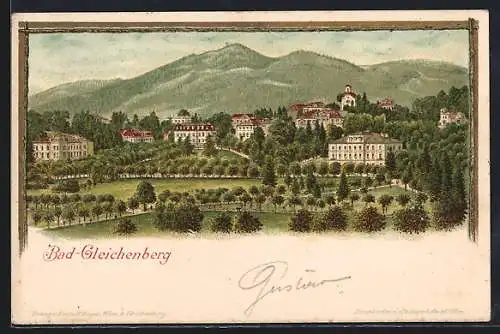 Lithographie Bad Gleichenberg, Ortsansicht im Grünen vor Bergkulisse