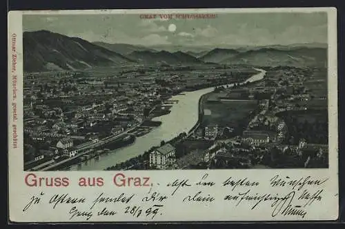 Mondschein-Lithographie Graz, Panorama vom Schlossberg aus gesehen