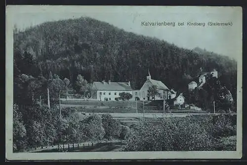 Mondschein-AK Kindberg / Steiermark, Kirche und Nebengebäude, Kalvarienberg