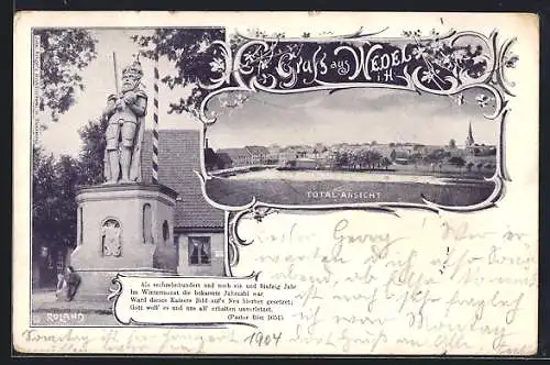 AK Wedel i. H., Totalansicht und Roland-Denkmal