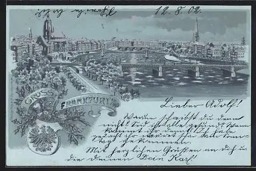 Mondschein-Lithographie Frankfurt a. M., Ortsansicht mit Mainbrücken aus der Vogelschau, Wappen