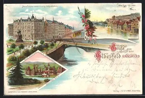 Lithographie Elberfeld, Neue Fuhrstrasse mit proj. Schwebebahn, Alte Fuhr vor 1890, Burg Elberfeldt im 16. Jhd.