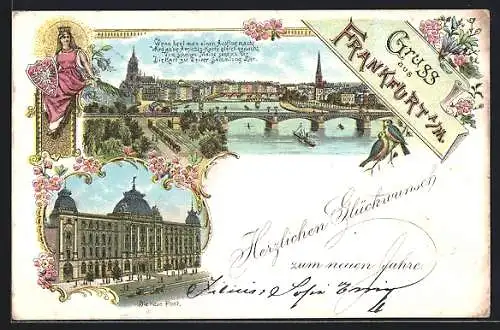 Lithographie Frankfurt /Main, Die neue Post und Mainbrücken