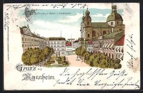 Lithographie Mannheim, Schillerplatz mit Theater & Jesuitenkirche