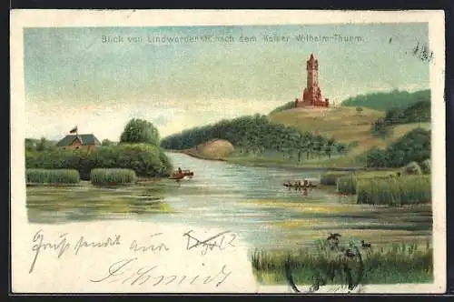 Lithographie Berlin-Lindwerder a. H., Blick zum Kaiser Wilhelm-Thurm