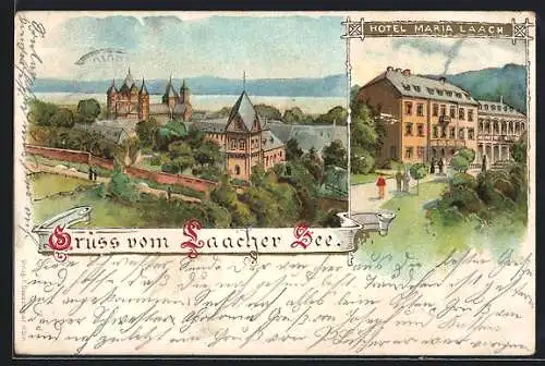 Lithographie Maria Laach, Hotel Maria Laach, Abtei aus der Vogelschau