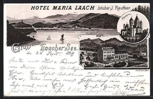 Lithographie Maria Laach, Hotel Maria Laach J. Reuther mit Anlagen, Laacher See mit Bergpanorama