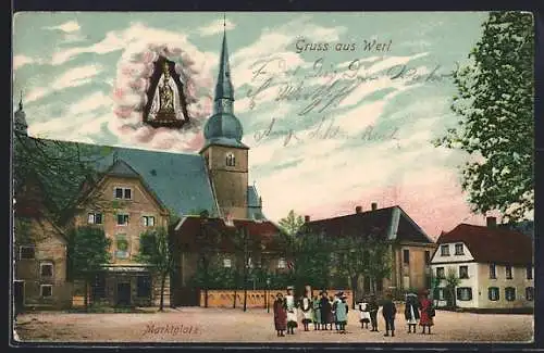 AK Werl i. W., Marktplatz mit Kirche und Gnadenbild