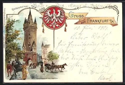 Lithographie Frankfurt /Main, Strassenleben und Pferdekutschen am Eschenheimer Thor, Siegel