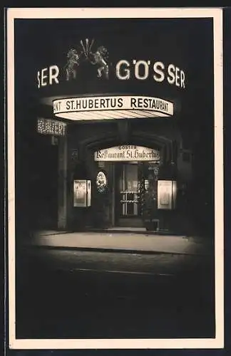 AK Wien, Restaurant St. Hubertus, Eingang bei Beleuchtung