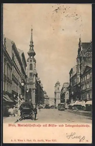 AK Wien VI, Mariahilfer Strasse mit Stifts-und Laimgrubenkirche