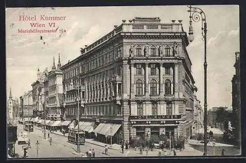 AK Wien VI, Strassenbahnen vor dem Hotel Kummer