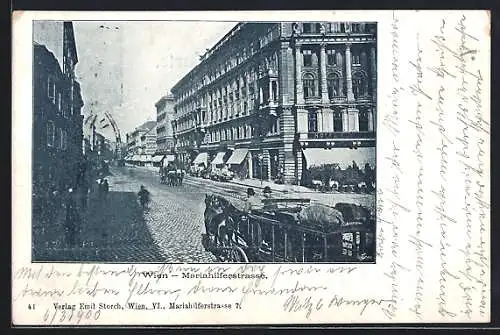 AK Wien, Blick in die Mariahilferstrasse mit Pferde-Bahn