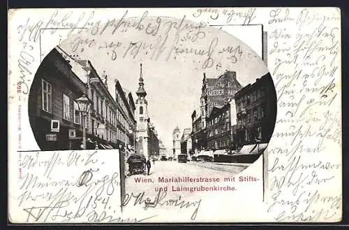 AK Wien, Mariahilferstrasse mit Stifts- und Laimgrubenkirche