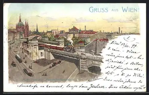 Künstler-Lithographie Wien, Stadtbahnstation Gumpendorferstrasse mit Pferdebahn und Eisenbahn