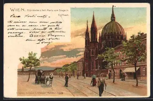 Lithographie Wien, Pfarrkirche z. heil. Maria vom Siege in Fünfhaus