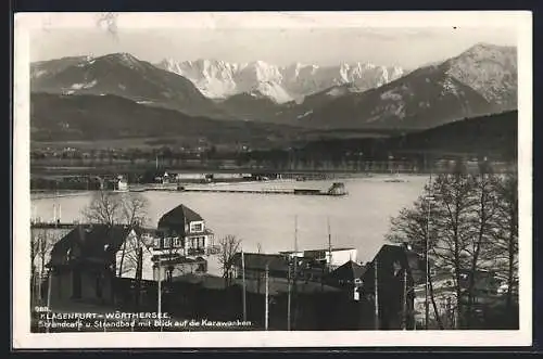 AK Klagenfurt / Wörthersee, Strandcafé und Strandbad mit Blick auf die Karawanken