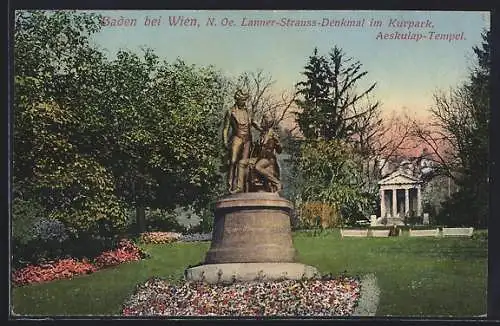 AK Baden bei Wien, Lanner-Strauss-Denkmal im Kurpark, Aeskulap-Tempel