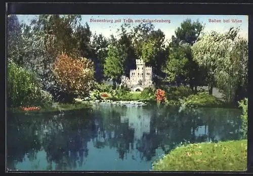 AK Baden bei Wien, Bienenburg mit Teich am Calvarienberg