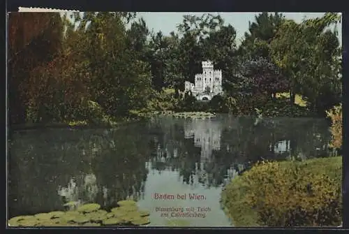 AK Baden bei Wien, Bienenburg mit Teich am Calvarienberg