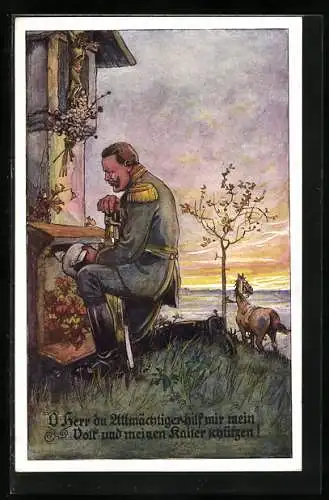 AK Propaganda, Soldat im Gebet am Flurkreuz, Sprüchlein