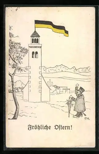 Künstler-AK Fröhliche Ostern!, Soldat grüsst einen Turm mit Flagge