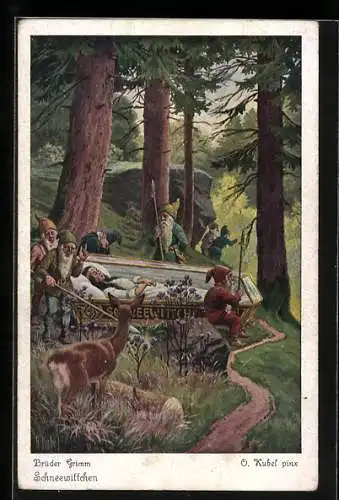 Künstler-AK Otto Kubel: Nr. 3861, Schneewittchen liegt in einem Sarg, Zwerge mit Lanzen trauern