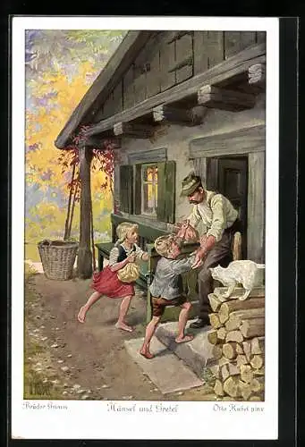 Künstler-AK Otto Kubel: Hänsel und Gretel übergeben den Holzfäller schätze von der Hexe