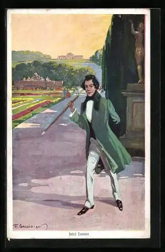 Künstler-AK F.Gareis: Josef Lanner spaziert durch einen Park