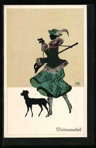 Künstler-AK Marte Graf: Fasto-Silhouetten: Weidmannsheil, Waidfrau mit Gewehr und Hund