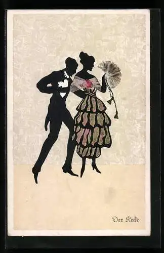 Künstler-AK Marte Graf: Fasto-Silhouetten, Der Recke, Mann und Frau mit Fächer