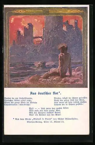 Künstler-AK Fr. Jung, Deutscher Schulverein NR 1228: Mann guckt auf brennende Burg