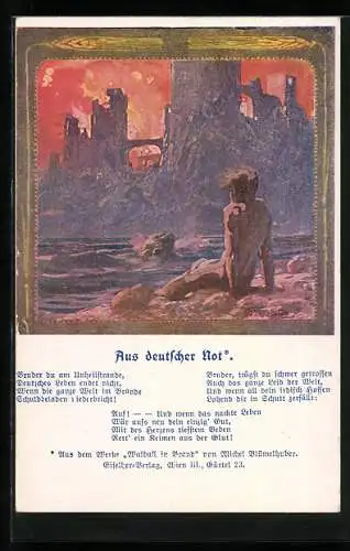 Künstler-AK Fr. Jung, Deutscher Schulverein NR 1228: Mann guckt auf brennende Burg