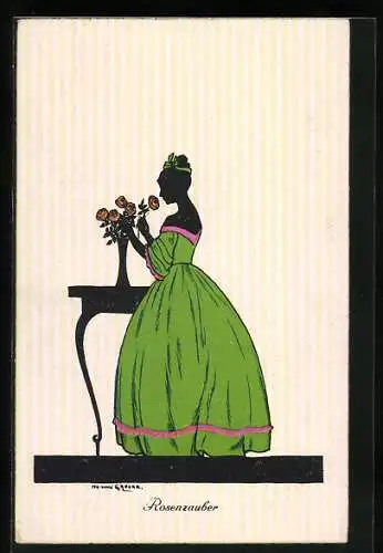 Künstler-AK Manni Grosze: Rosenzauber, Dame mit orangefarbenem Rosenstrauss