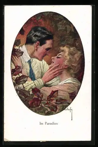 Künstler-AK Ruab Gnischaf: Im Paradies., Liebespaar im Herbstlaub
